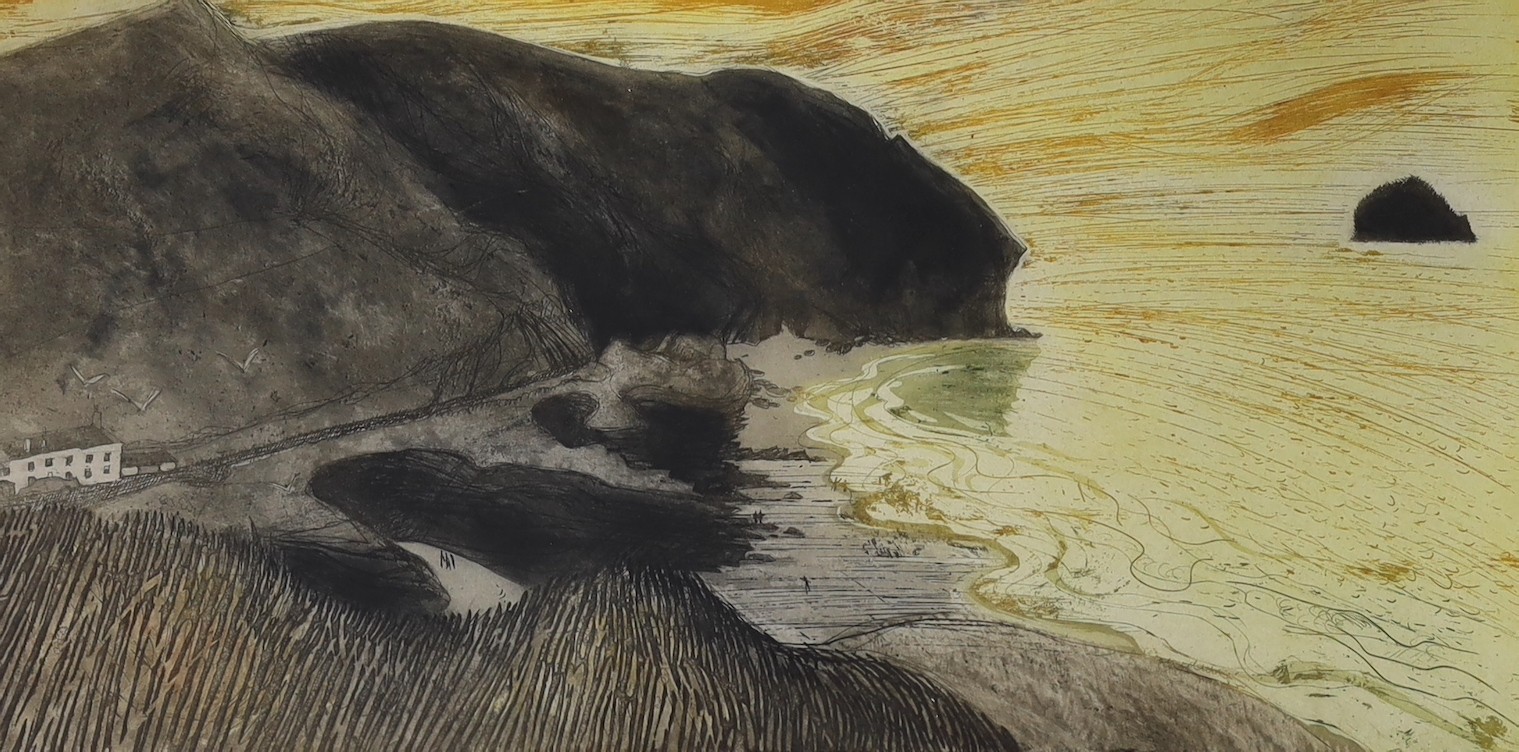 Jenny Sanders, etching, Evening at Trebarwith Strand, signed, 4/25, 23 x 46cm